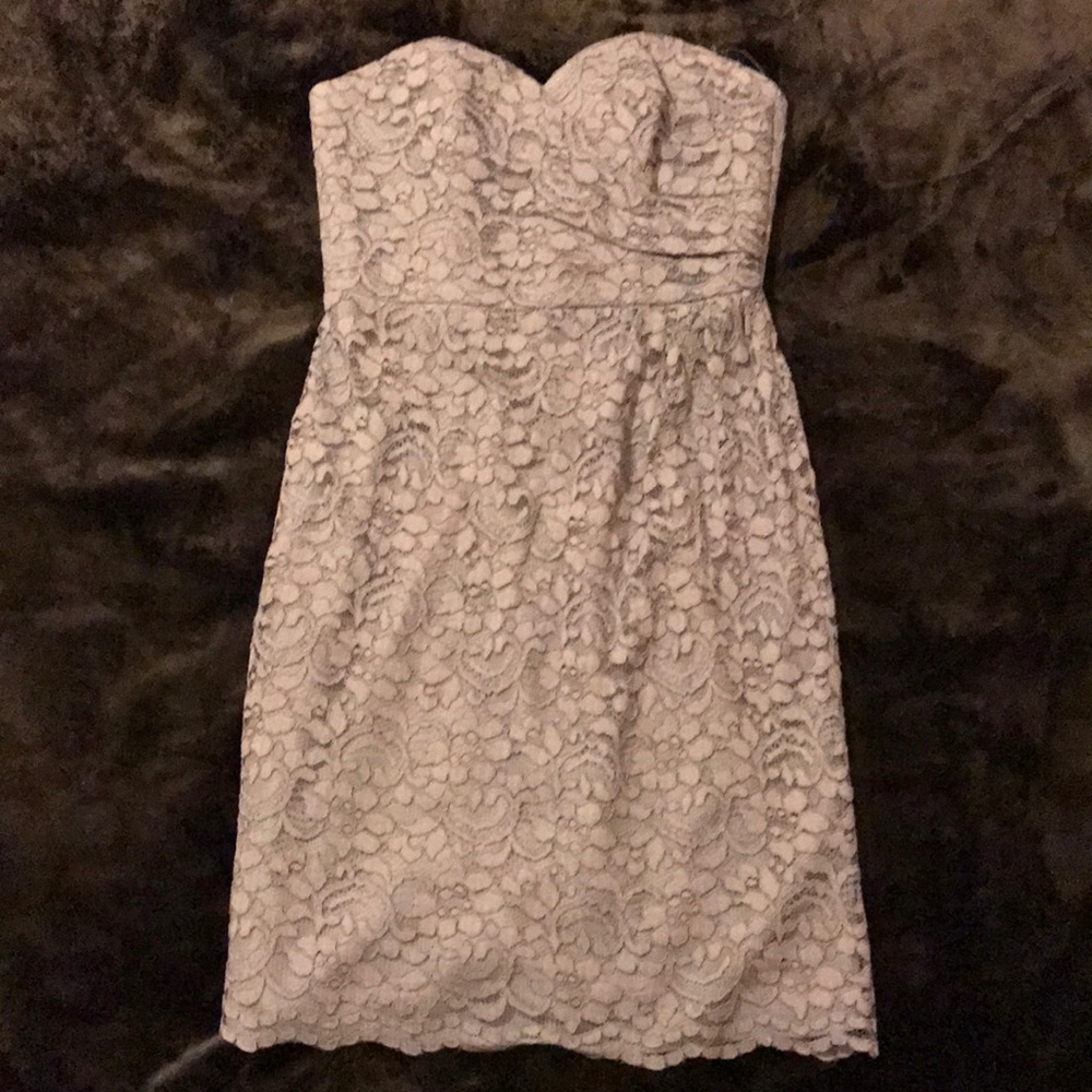 Size 4 grey short, strapless David’s Bridal dress